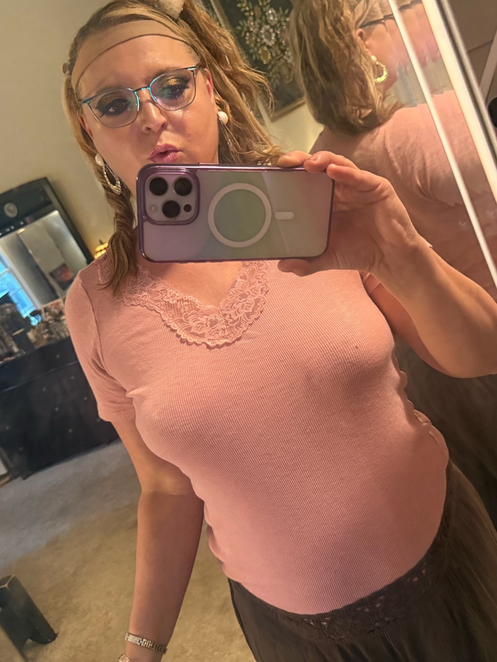 Pink lace trim V neck Top short sleeve size xl